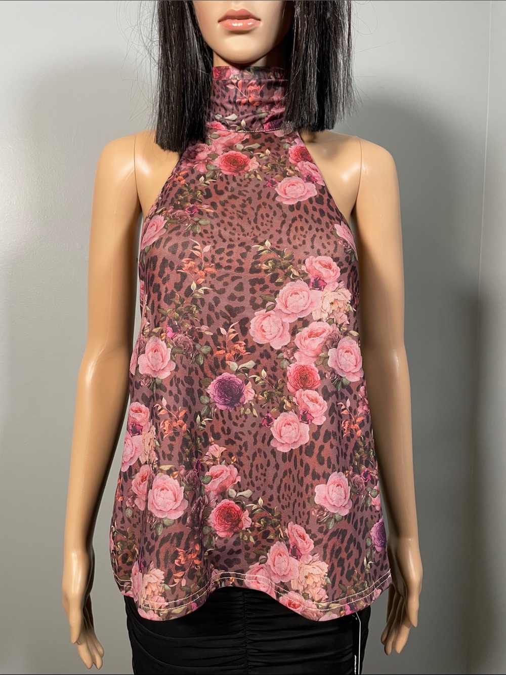 Fashion Nova Pink Floral & Leopard Mock Neck Cami